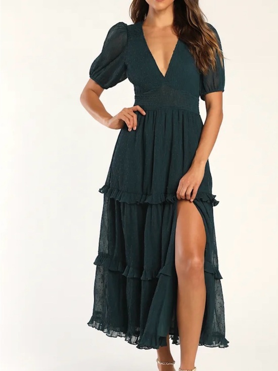 Lulus Dresses & Skirts - Lulu's Tier Sz M Dark Teal Puff Sleeves Tiered Midi Stretchy Waist Dress